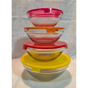 Set of 4 Glass Storage Bowls with Colorful Lids Nesting Bowls